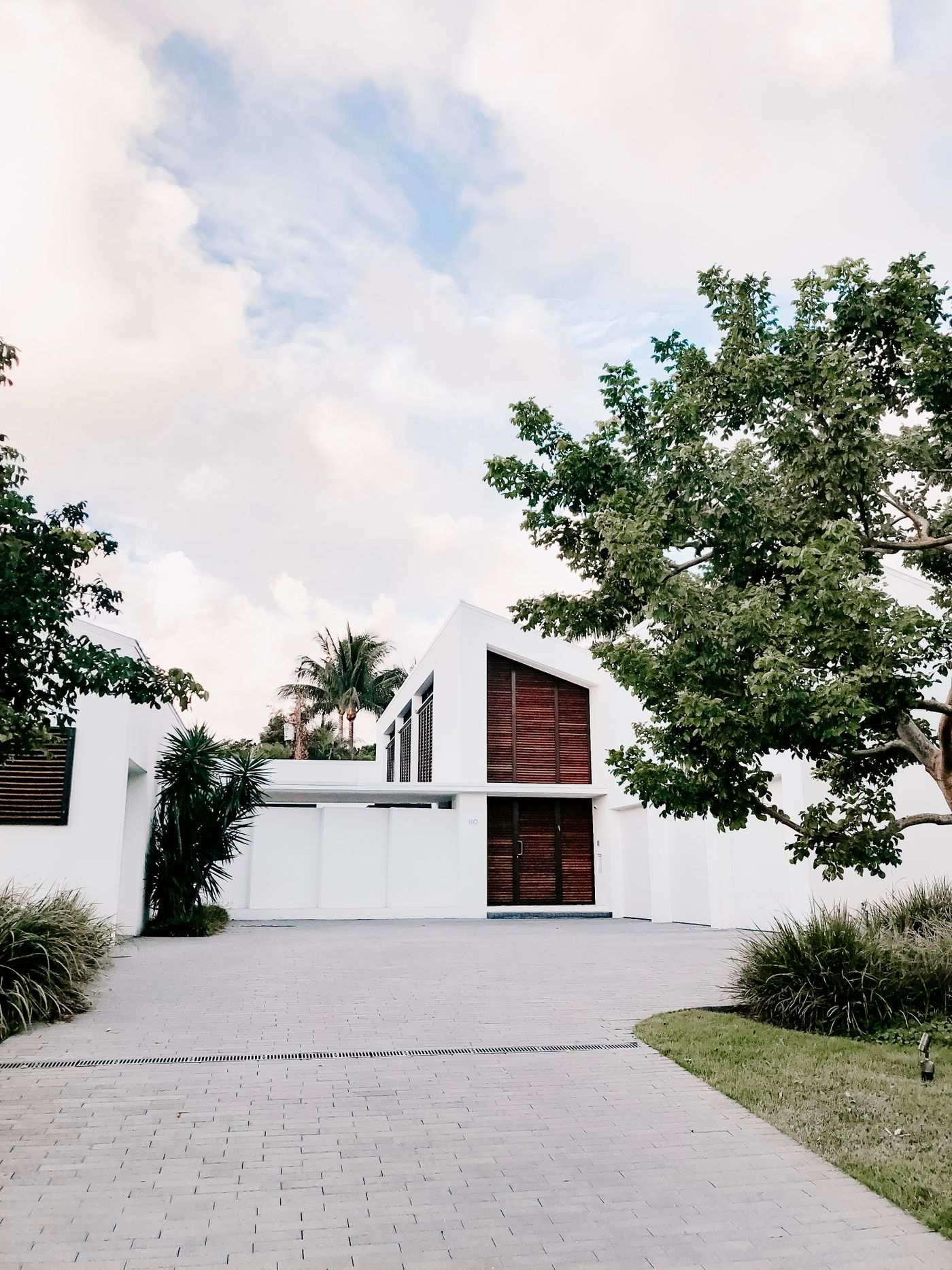 White minimalist estate framed by mature palms and a paver driveway